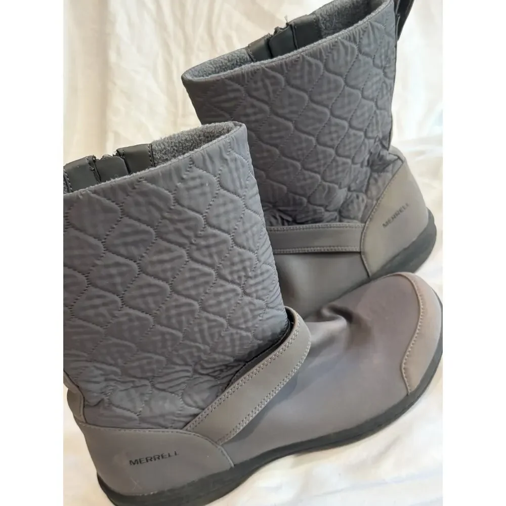 MERRELL Winter Boots Women’s 8 Encore Kassie Gray Zipper Lined Quilted Pattern